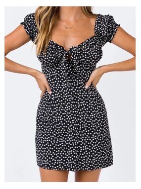 Princess Polly Marion Mini Dress Black Floral Puff Sleeve Tie Front‎ US 2